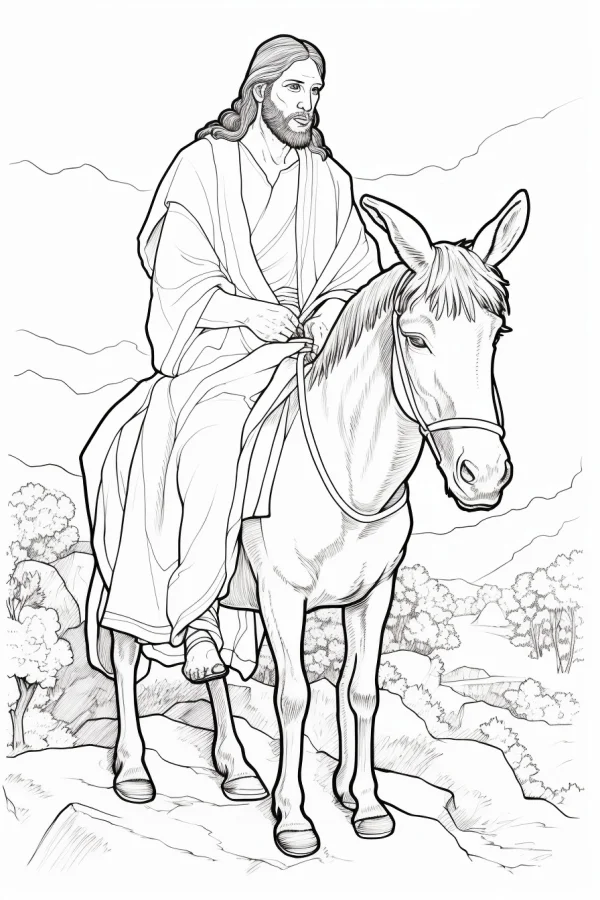 Jesus riding a donkey, realistic sketch style — free printable bible scene coloring book page