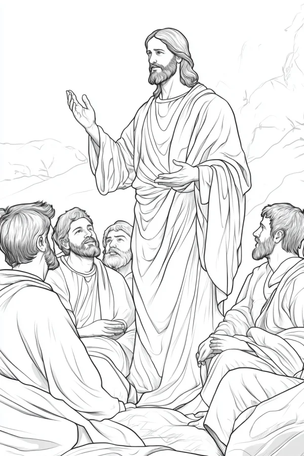 Jesus preaching to his disciples, realistic line art style — free printable bible stories coloring book page