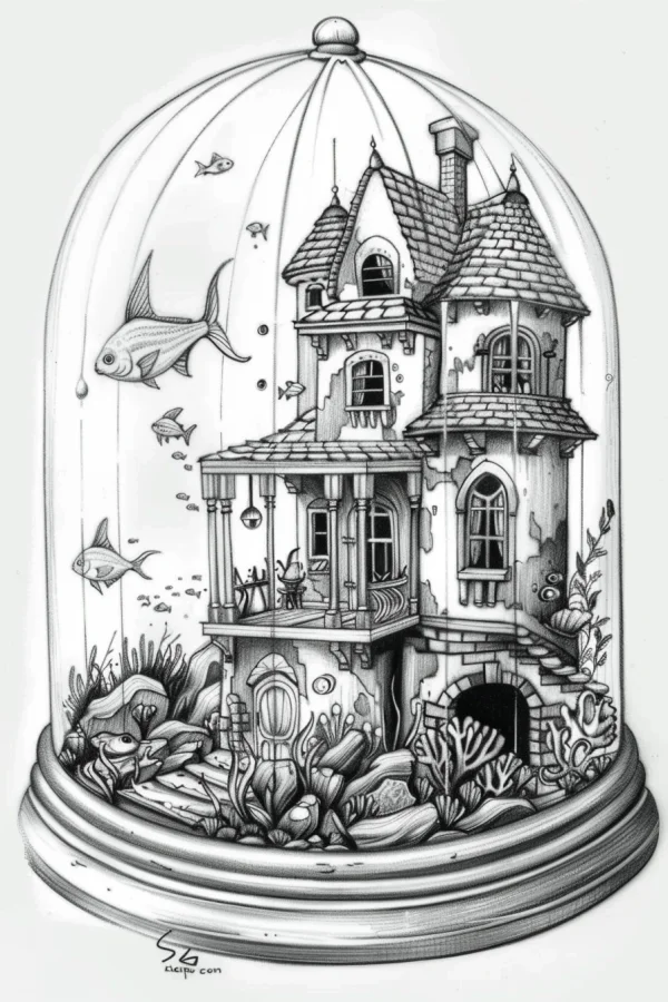 Fantasy underwater house enclosed in a glass dome, sketch art style — free printable houses coloring book page