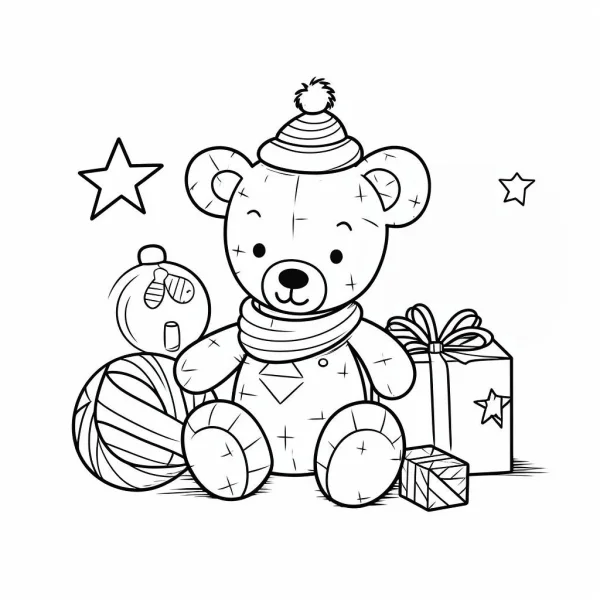 Cute teddy bear with christmas hat and scarf, cartoon style — free printable toys coloring book page
