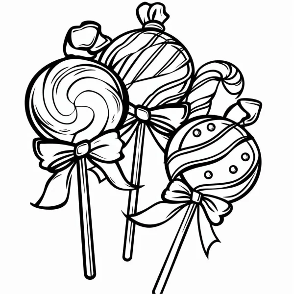 Lollipops with bows, cartoon style — free printable desserts coloring book page