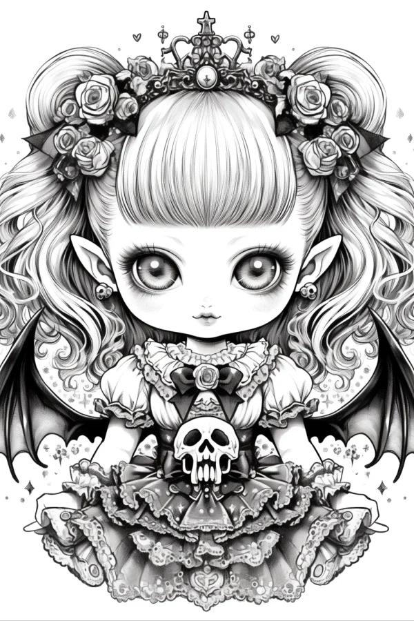 Gothic style demon girl with bat wings, big round eyes — free printable dark coloring book page