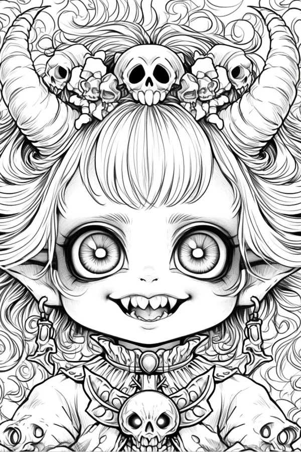 Cute dark demon girl with curved horns and skull decorations, gothic cartoon style — free printable dark coloring book page