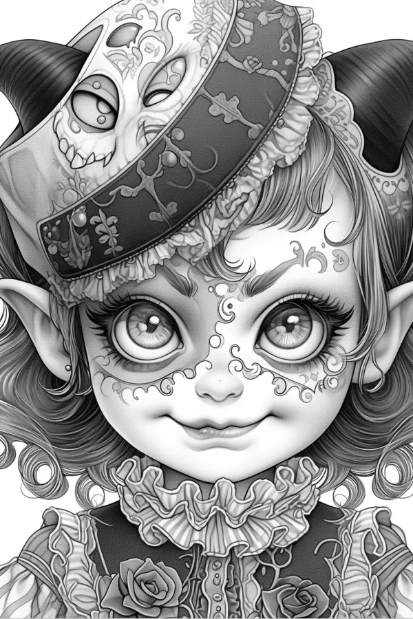 Gothic style elf girl with skull mask and black curved horns, detailed intricate patterns including roses — free printable dark coloring book page
