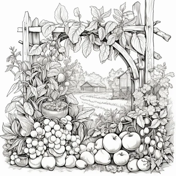 Rural farm harvest scene with fruits and plants by wooden fence, realistic illustration style — free printable farm life coloring book page