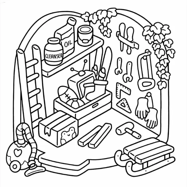 Handcraft workshop scene with various tools and supplies including cleanser jar, oil bottle — free printable diy coloring book page