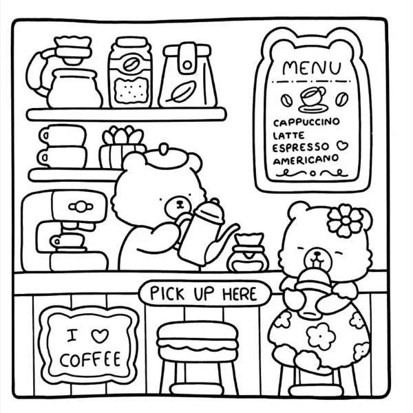 Cute bears in a cozy coffee shop, cartoon style — free printable cafe coloring book page