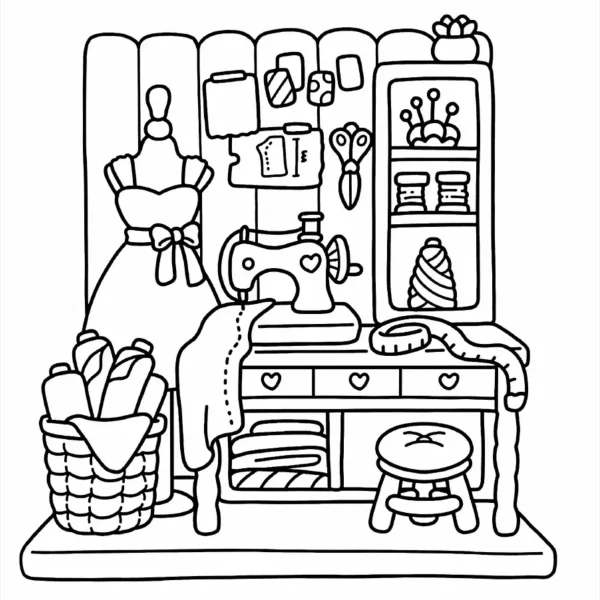 Sewing workbench scene with sewing machine, dress form — free printable diy coloring book page
