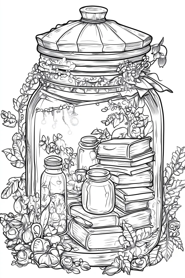Miniature landscape inside a large glass jar with stacked books and small jars, surrounded by various plants — free printable handmade diy coloring book page
