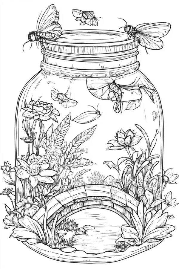 Miniature natural scene inside a glass jar, with flowers — free printable miniature landscape coloring book page