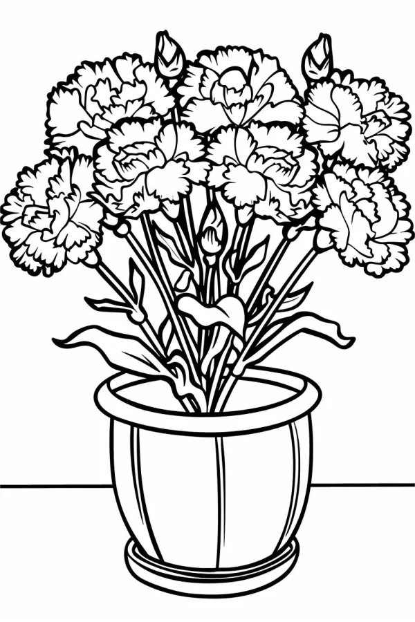 Potted carnations with buds and leaves, realistic sketch line art style — free printable mother's day coloring book page