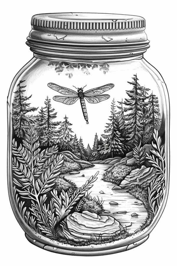 Forest stream with dragonfly inside a mason jar, realistic sketch style — free printable river coloring book page