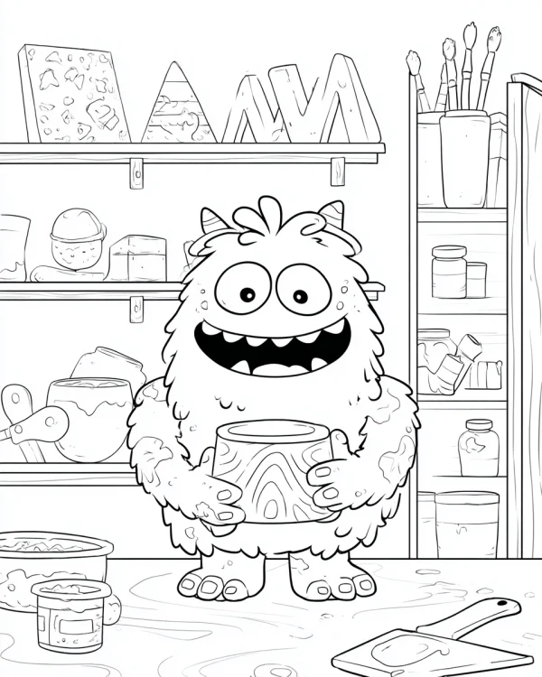 Coloring book page, cute fluffy cartoon monster holding a wooden cup — free printable handmade diy coloring book page