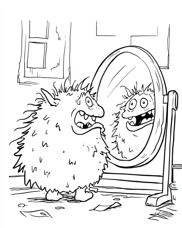 Fluffy fantasy creature looking at its reflection in a standing oval mirror, cartoon style — free printable humor coloring book page