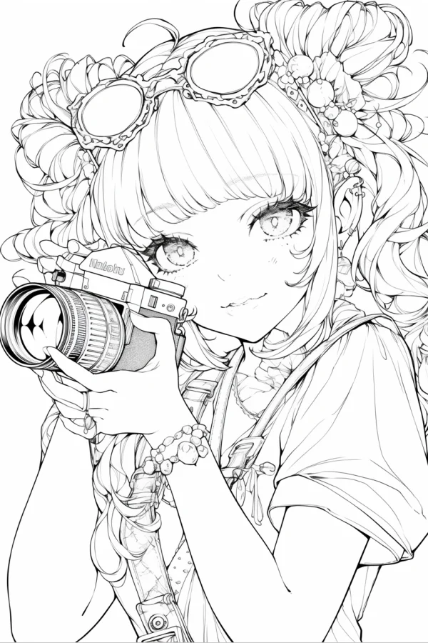 Cute curly-haired girl holding a minolta camera, anime style — free printable photography coloring book page