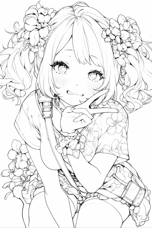 Cute twin-tailed girl with floral decorations, anime style — free printable daily coloring book page