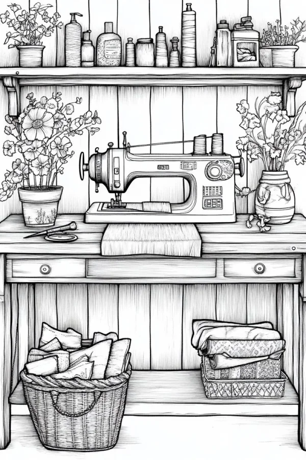 Cozy sewing workbench scene with sewing machine, potted plants — free printable diy coloring book page