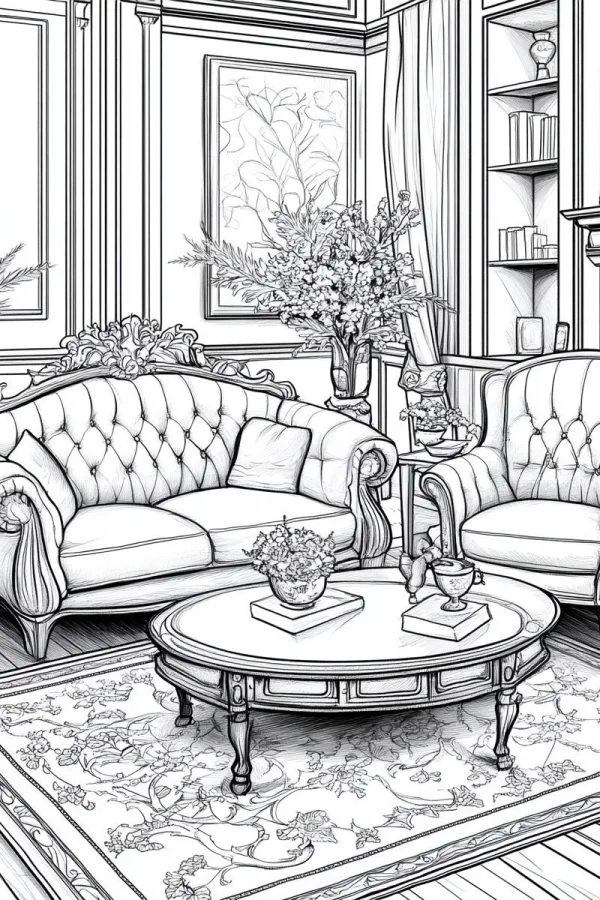 Vintage european living room interior, featuring tufted sofas — free printable home scene coloring book page