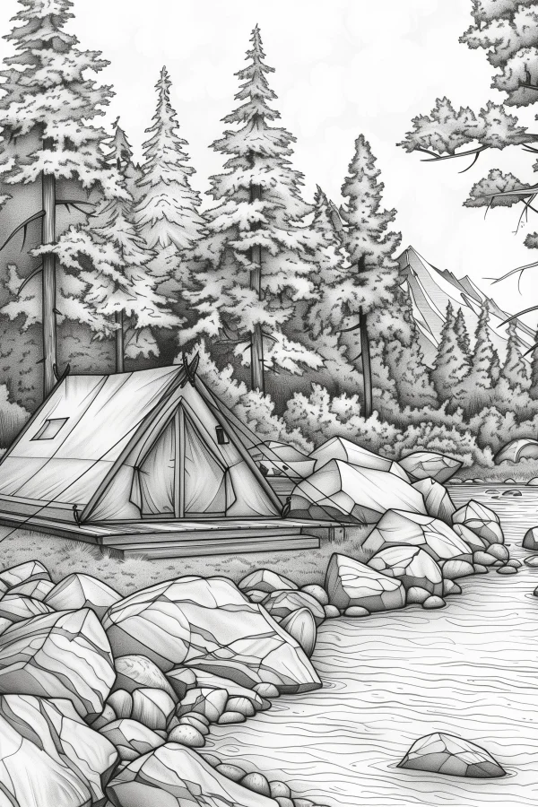 Winter forest riverside camping tent, realistic line art style — free printable river coloring book page