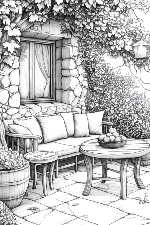 Stone house courtyard lounge area with outdoor sofa and wooden tables, realistic line art style — free printable courtyard coloring book page