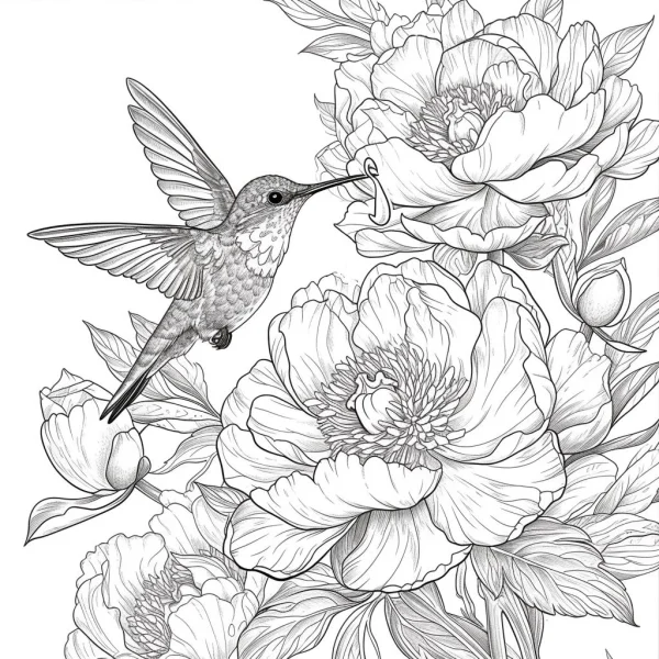 Hummingbird with peonies and flower buds, realistic illustration style — free printable birds coloring book page