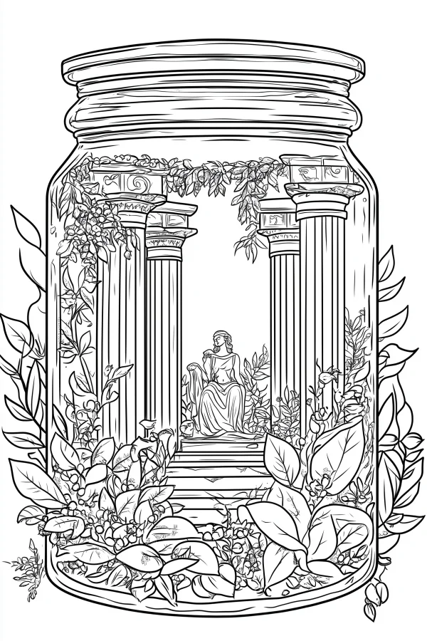 Greek goddess and classical columns inside a glass jar, classical fantasy style — free printable greek culture coloring book page