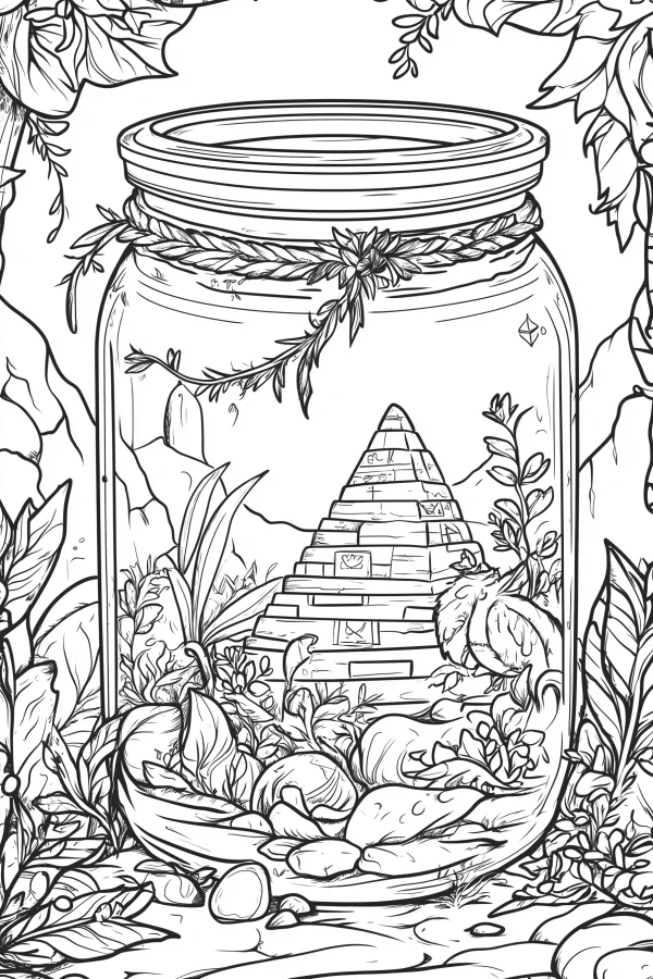 Miniature pyramid and plants inside a glass jar, fantasy illustration style — free printable ancient civilization coloring book page
