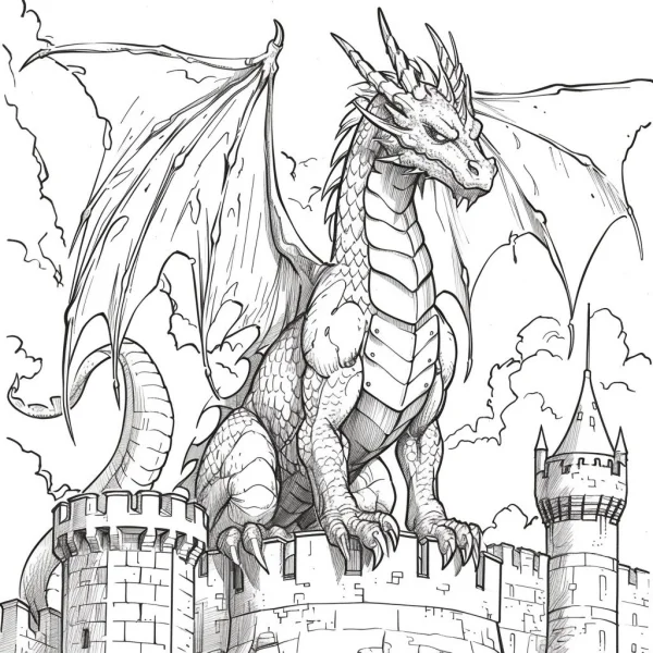 Giant fantasy dragon perched on medieval castle wall, intricate detailed dragon scales — free printable dragon coloring book page