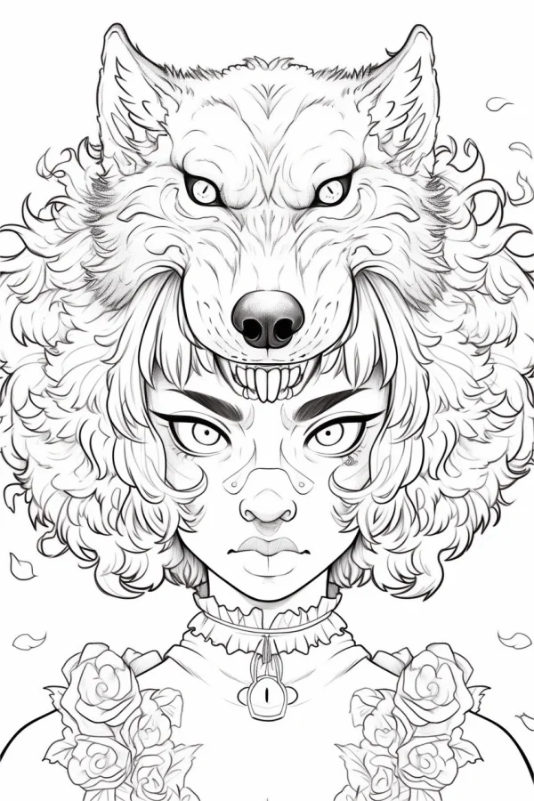 Girl with wolf head on her head, fantasy style — free coloring book page