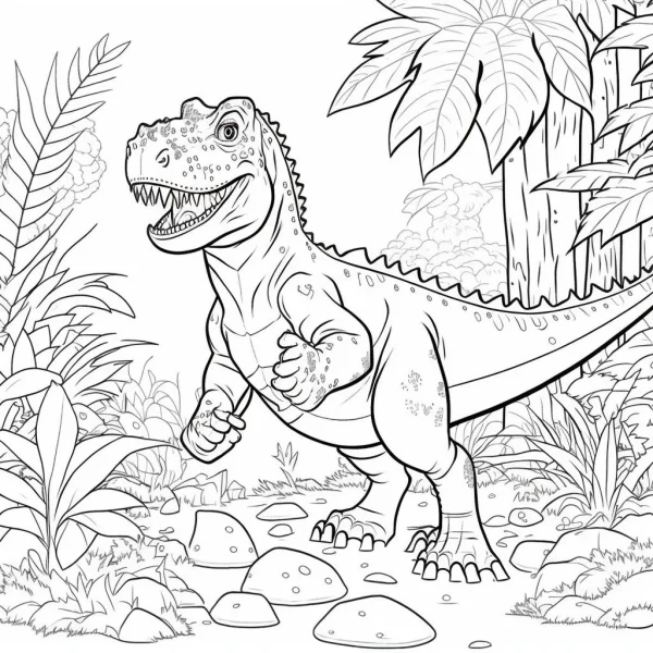 Cartoon t-rex dinosaur, cartoon sketch style — free printable jungle coloring book page