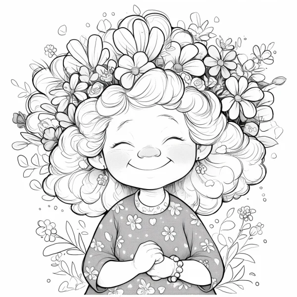 Curly-haired girl with flowers in hair, cartoon style — free printable innocence coloring book page