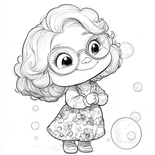 Cute curly-haired cartoon girl with round glasses, cartoon style — free printable daily coloring book page