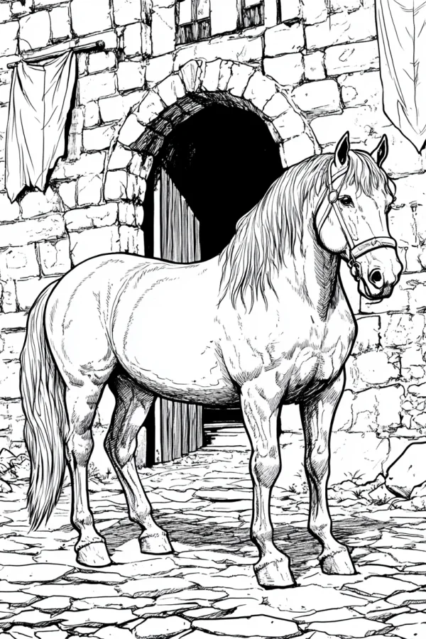 Majestic horse standing in front of castle archway, realistic sketch style — free printable medieval scene coloring book page