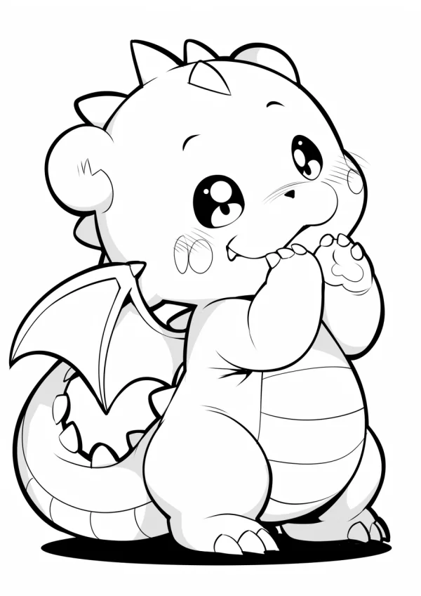 Cute cartoon little dragon, chibi style — free printable dragon coloring book page
