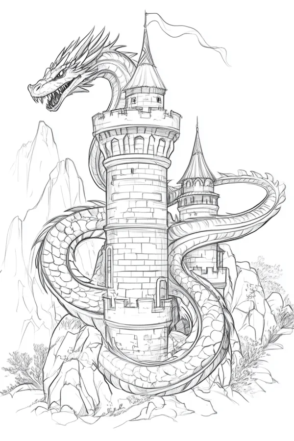 Dragon wrapped around castle towers, fantasy style — free printable dragon coloring book page