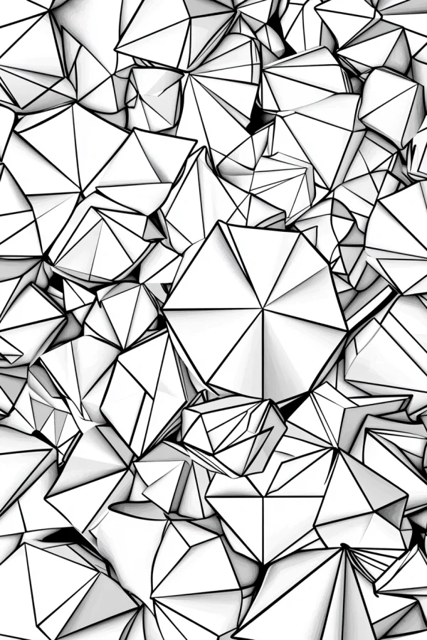 3d geometric fractal patterns, abstract art style — free printable geometry coloring book page