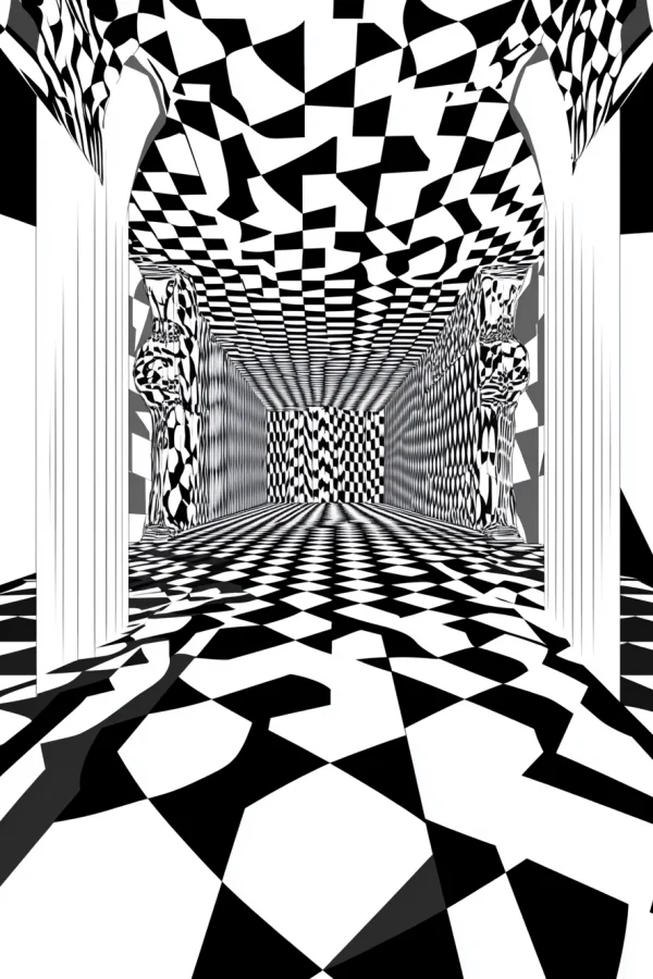Distorted checkerboard corridor, surreal abstract style — free printable surreal coloring book page