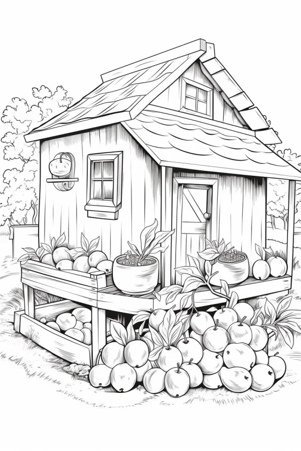 Rustic cottage piled with fruits, realistic illustration style — free printable fruit coloring book page