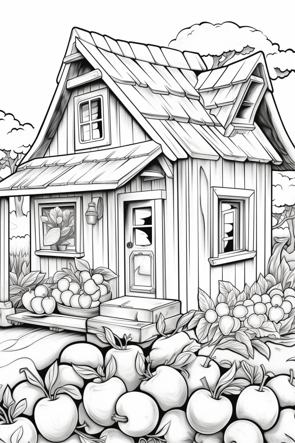 Pastoral harvest cottage surrounded by abundant apples, countryside pastoral style — free printable harvest coloring book page