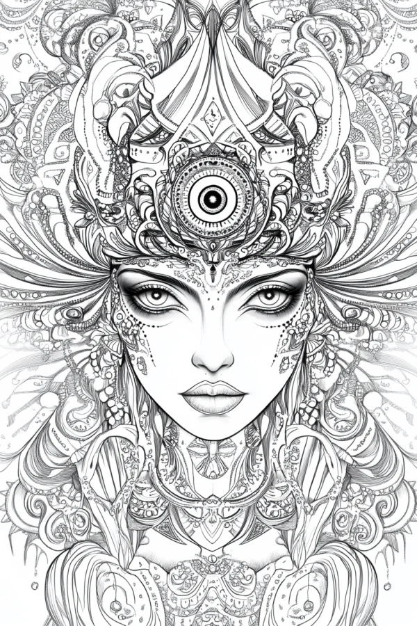 Fantasy woman with third eye, art deco style — free printable mystery coloring book page