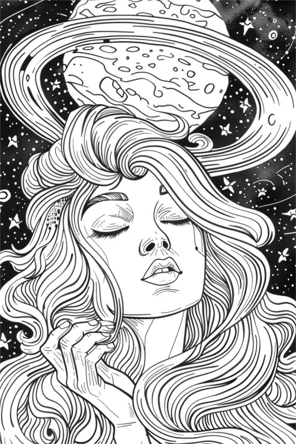 Long-haired woman with a ringed planet above her head, fantasy style — free printable universe coloring book page