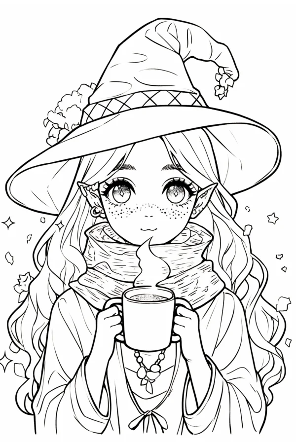 Cute elf witch holding a steaming mug, anime cartoon style — free printable daily coloring book page