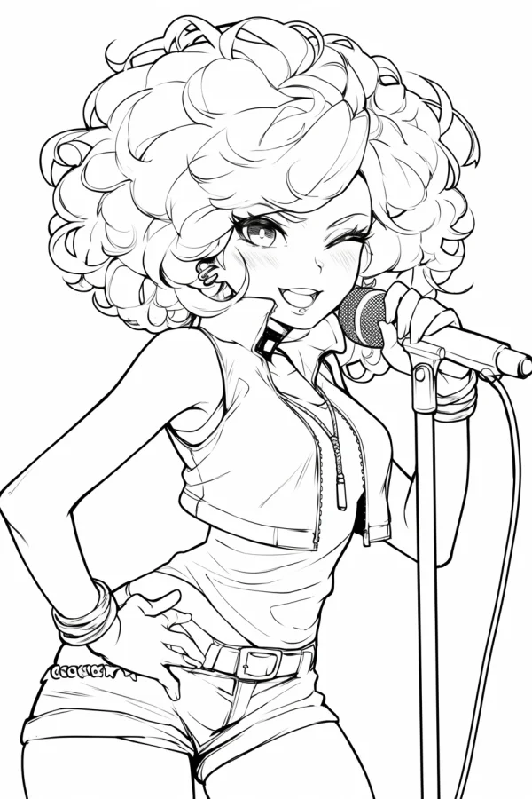Curly-haired girl singing with microphone, anime cartoon style — free printable youth coloring book page