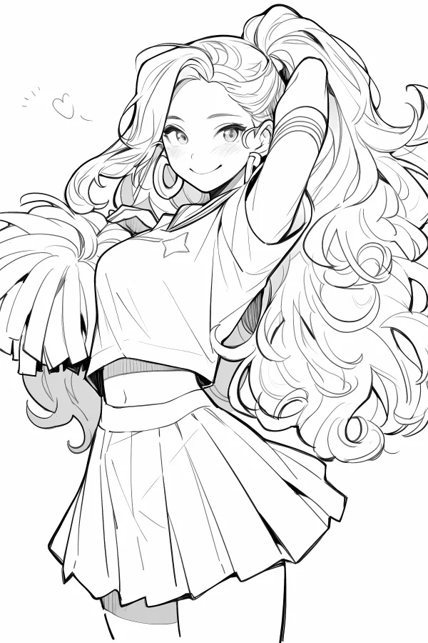 Curly-haired cheerleader girl, anime style — free printable campus coloring book page