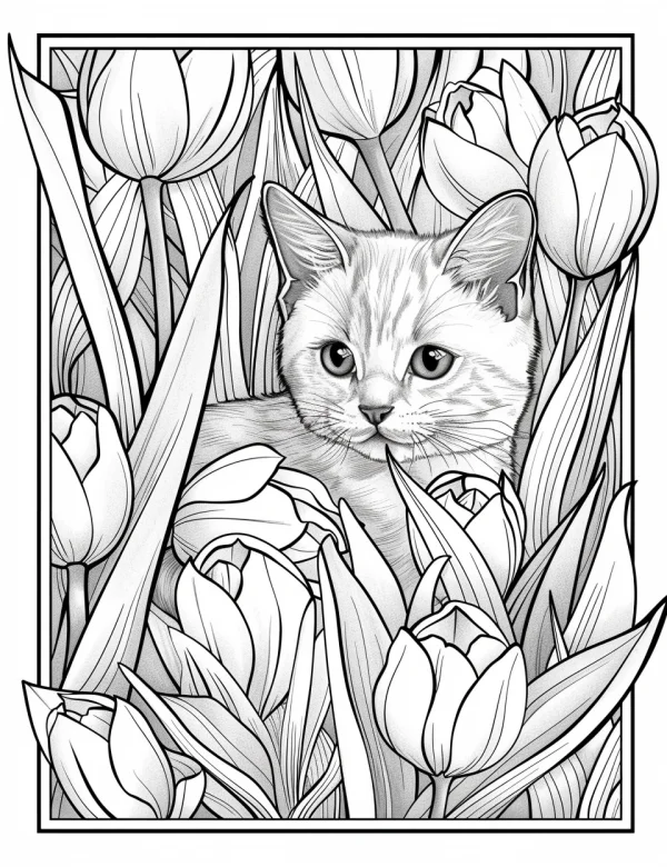 Cute cat nestled among tulips and leaves, cartoon style — free printable flower season coloring book page