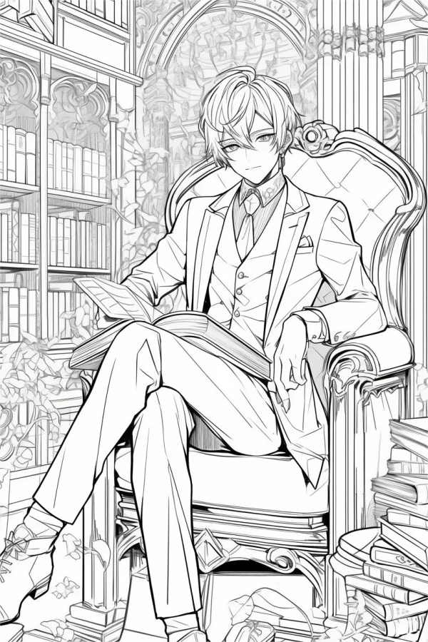 Elegant european noble man in suit reading book on carved armchair, anime style — free printable study coloring book page