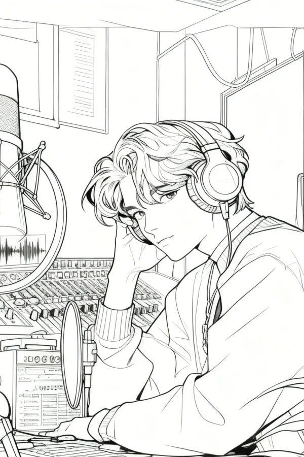 Young male sound engineer wearing headphones, cartoon style — free printable musician coloring book page