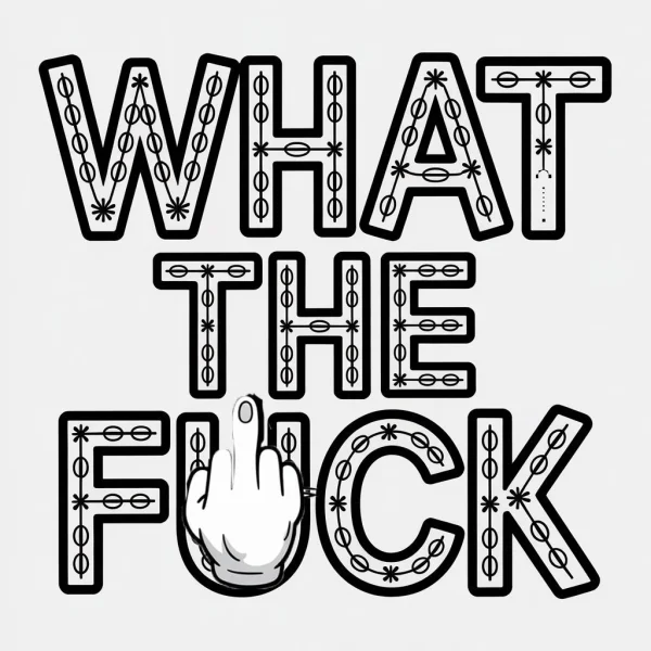 Middle finger combined with decorative vulgar text 'what the fuck', decorative art style — free printable vulgar content coloring book page