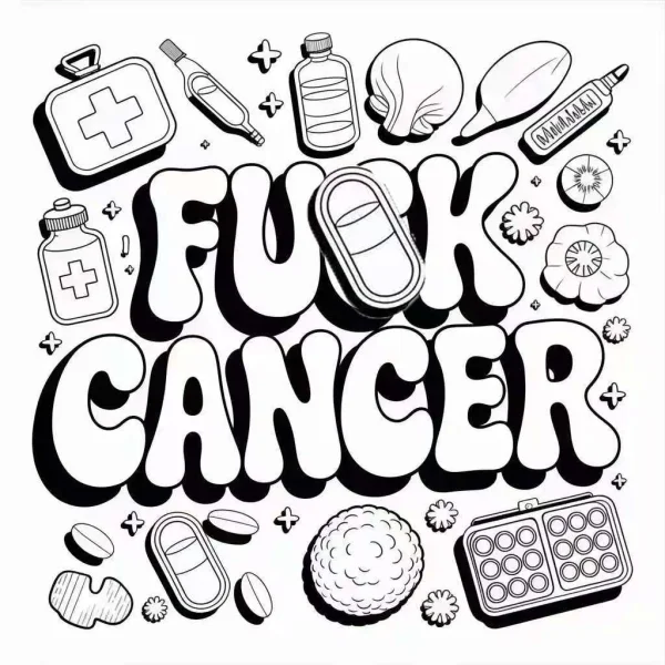 'fuck cancer' bold graffiti-style art letters, surrounded by medical elements including first aid kit — free printable anti-cancer coloring book page