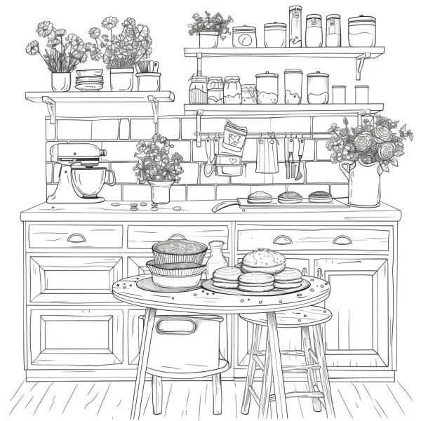Cozy kitchen food scene with cakes and muffins, realistic illustration style — free printable family life coloring book page